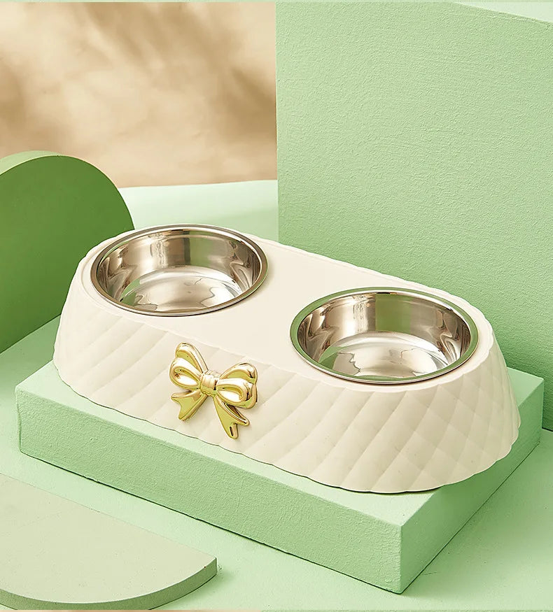 Stylish Bow Double Pet Feeder Bowl