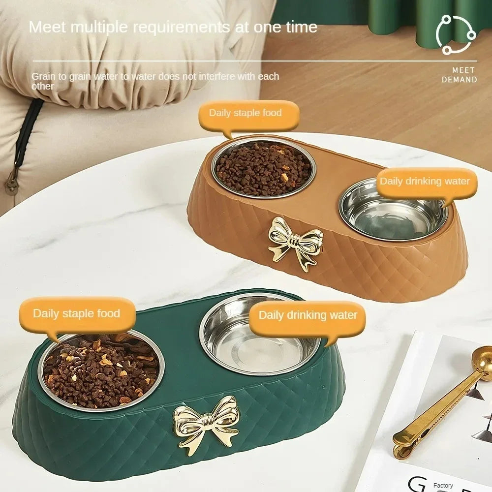 Stylish Bow Double Pet Feeder Bowl